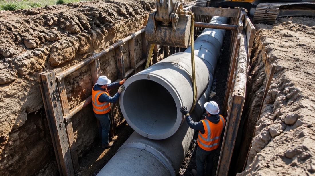 İşçiler hendekte beton kanalizasyon borusu döşüyor