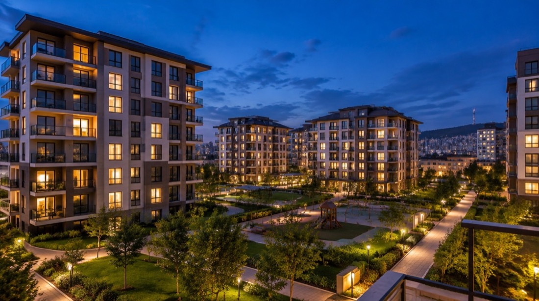 Akşam ışığında tamamlanmış konut sitesi